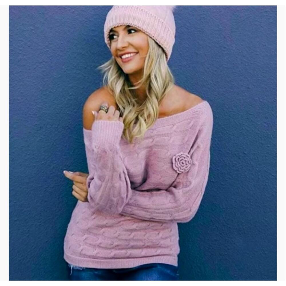 Cable‎ Knit Sweater Womens L/XL Pink Jumper Boat Neck Flower Brooch Cozy Warm